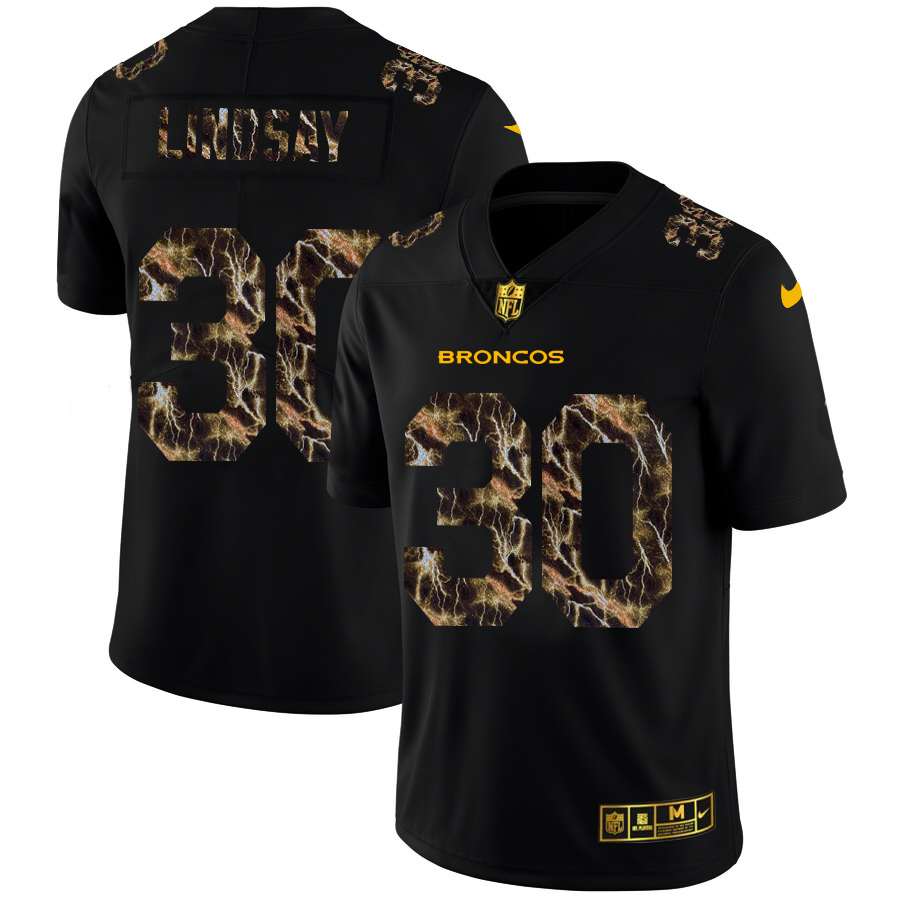 2020 Denver Broncos 30 Phillip Lindsay Men Black Nike Flocked Lightning Vapor Limited NFL Jersey